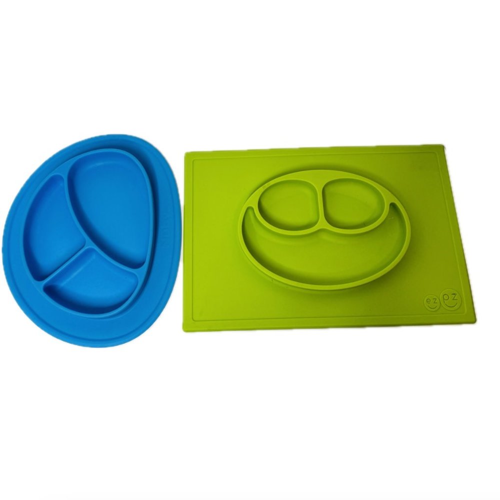 Ezpz Plates Bundle of Two Green Blue Three Compartment Toddler Feeding No Slip
